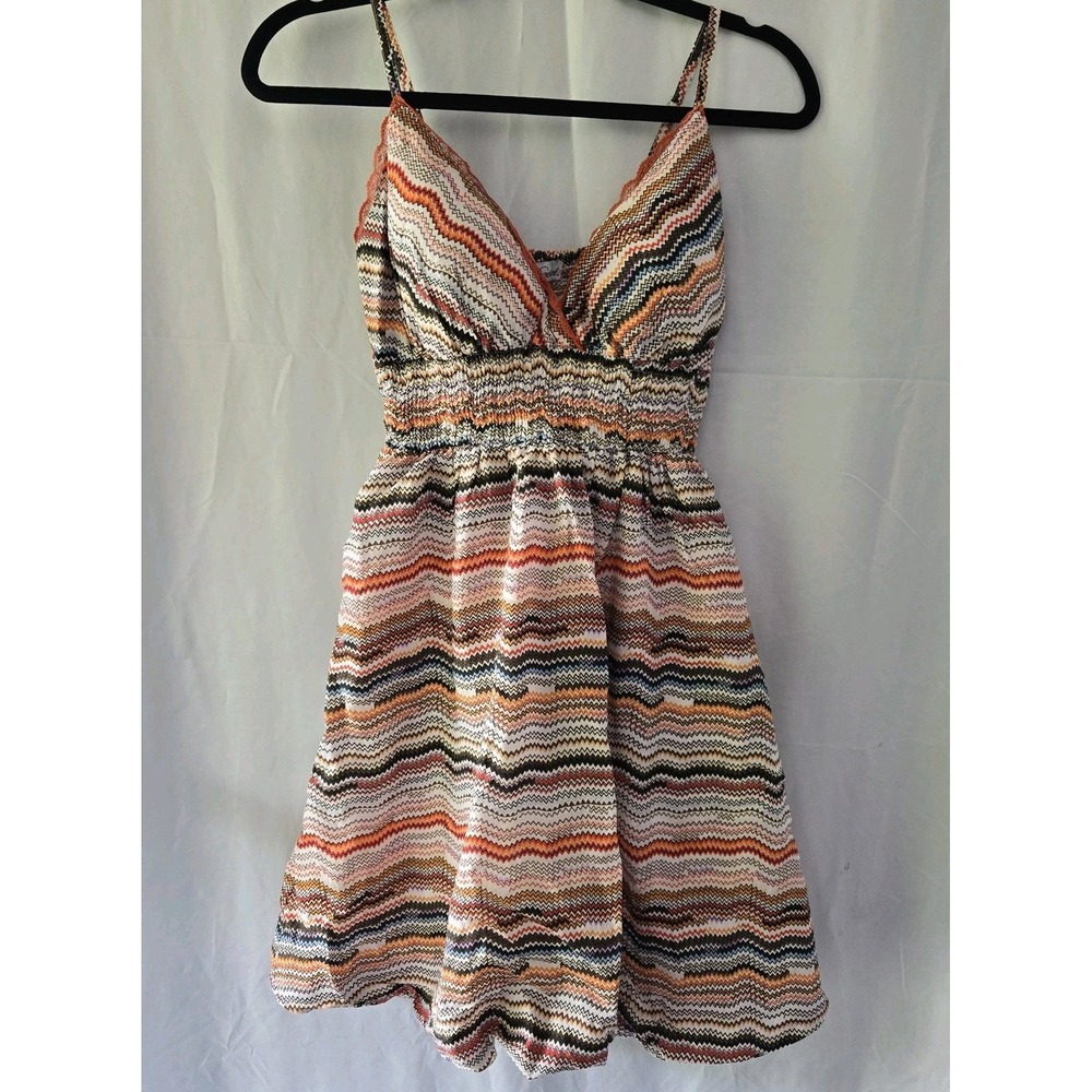 Decibel 100٪ Cotton Bubble Dress Med Adjustable Straps Smock Waist Chevron Print